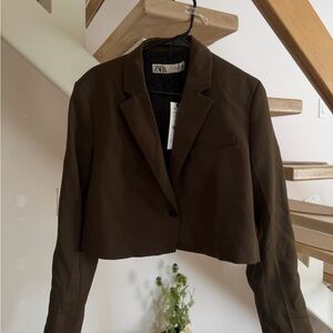 Zara Women's Brown Cropped Jacket with matching skirt